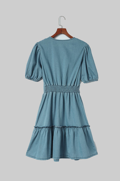Sky Blue V Neck Bubble Sleeve Ruffle Flared Mini Dress