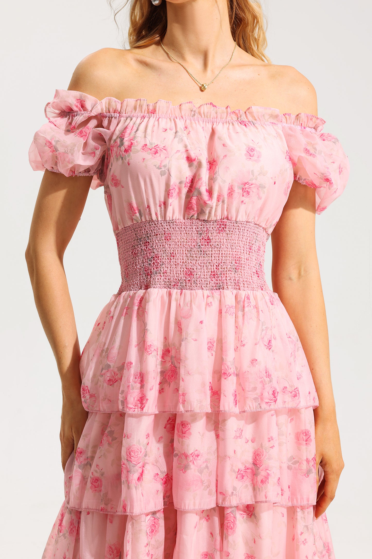 Floral Ruffle Pleated Off-Shoulder Midi Dress Pink