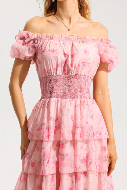 Floral Ruffle Pleated Off-Shoulder Midi Dress Pink