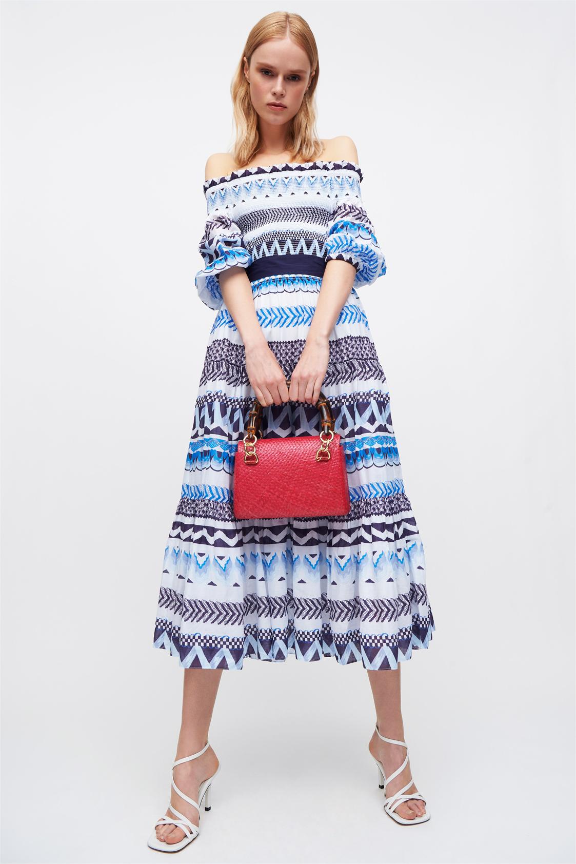 Geometric Patterns Smocking Off-Shoulder Midi Dress