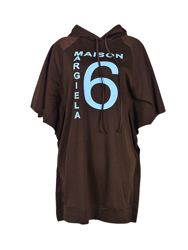 A-Line Batwing Sleeves Drawstring Letter Print Hooded Mini Dresses