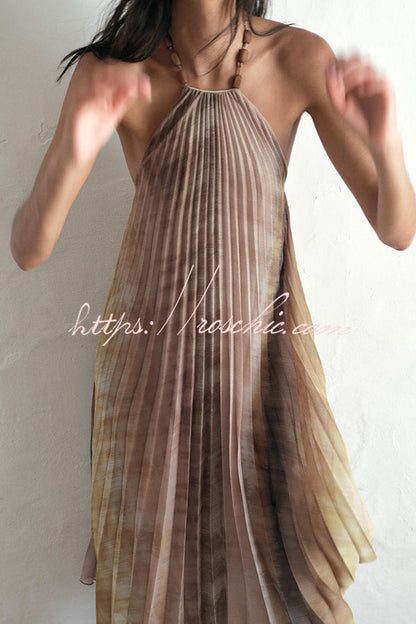 Tie-dye Printed Halter Neck Pleated Backless Midi Dress