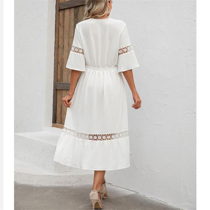Solid Color V-Neck Hollow Lace Maxi Dress for Women