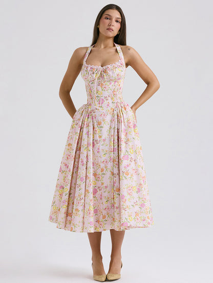 Corset Dress Floral Halter Lace Up Front Pleated Eyelet Trim Party Midi Dresses