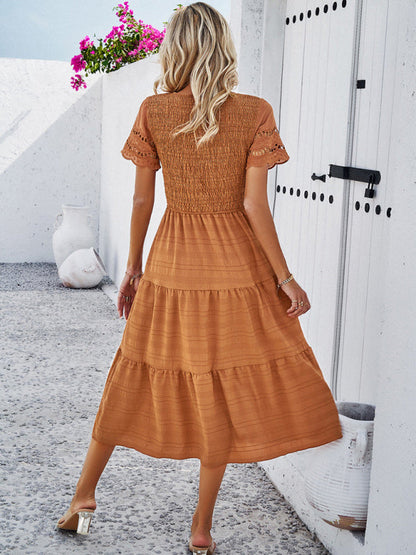 Blue Zone Planet | Solid Color Short Sleeve Cutout Midi Dress