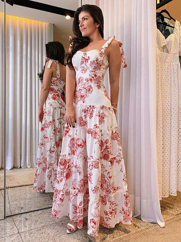 Maxi Dresses Sleeveless Red Floral Print Straps Neck Ruffles Layered Chiffon Long Dress