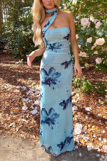 Strapless Floral Print Mesh Bodycon Maxi Dress