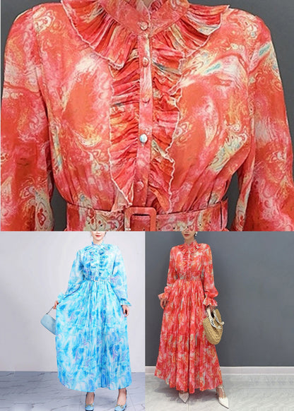Baby Blue Ruffled Patchwork Chiffon Maxi Dresses Fall