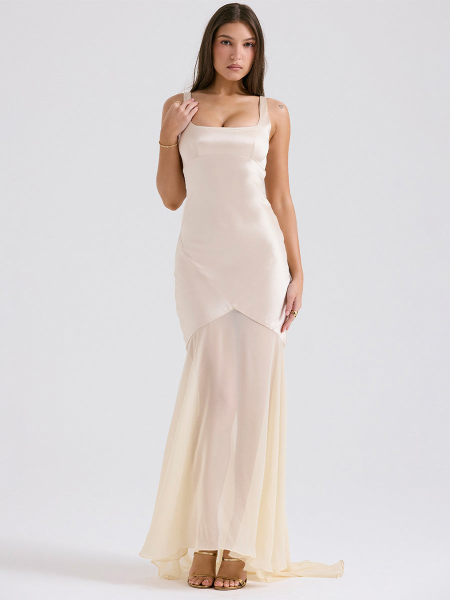 Light Sky Blue Dress Square Neck Backless Tulle Skirt Party Prom Maxi Dresses