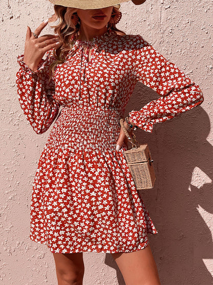 Mini Dresses Burgundy Floral Print Long Sleeves Short Dress
