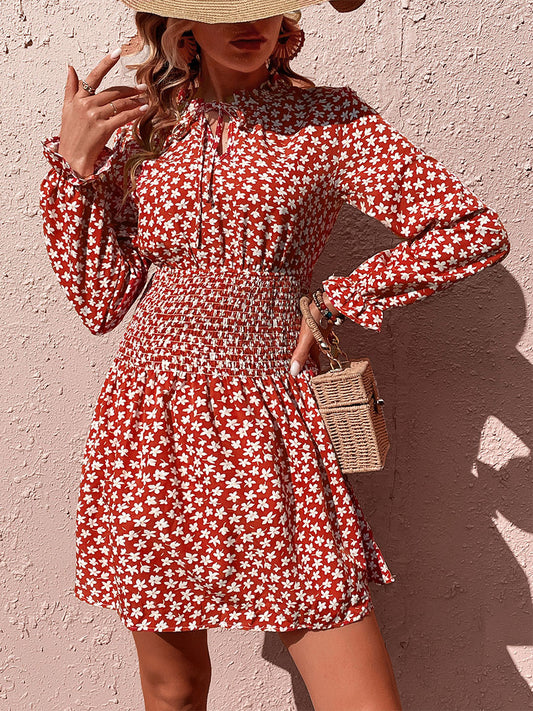 Mini Dresses Burgundy Floral Print Long Sleeves Short Dress