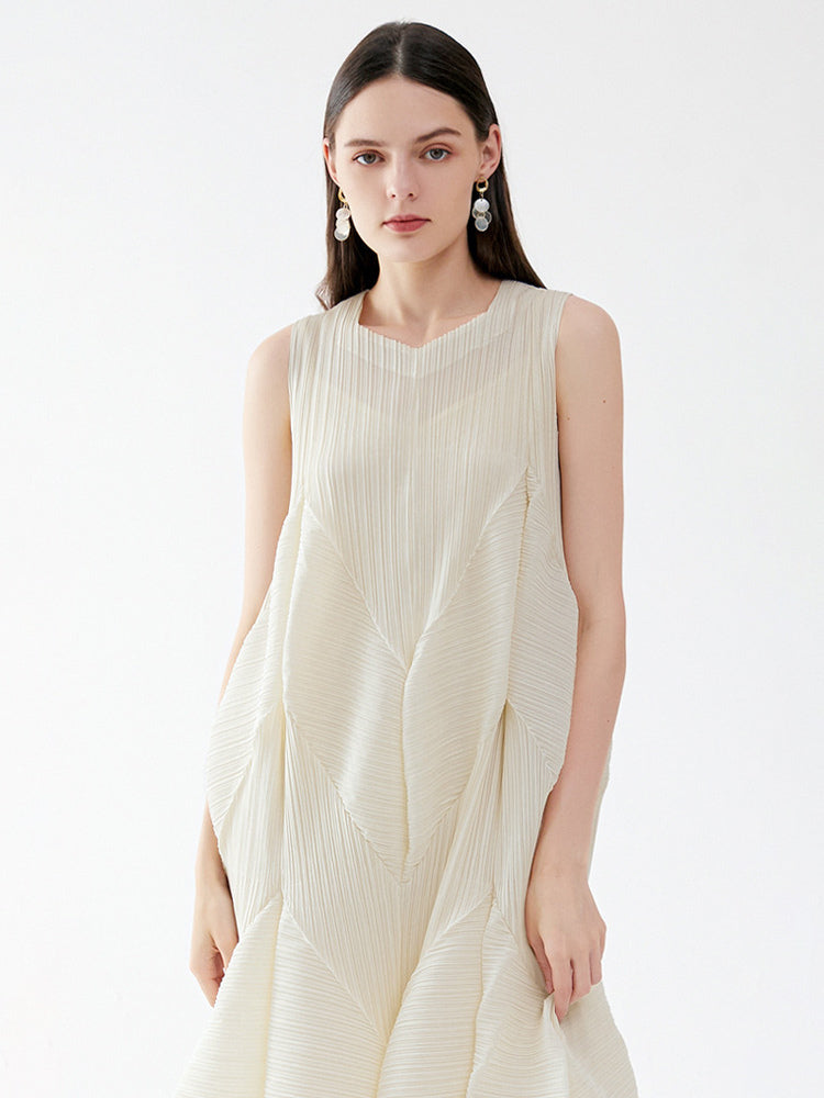 Summer Dress Sleeveless Patchwork Designed Neckline Midi Dress