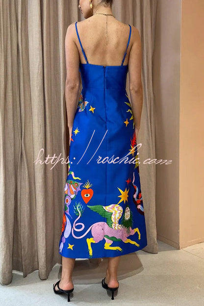 Main Stage Unique Printed Ruched Cross Over Detail Strap Midi Dress