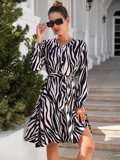 Leopard Print Lace Up Casual V-Neck Long Sleeves Midi Dress