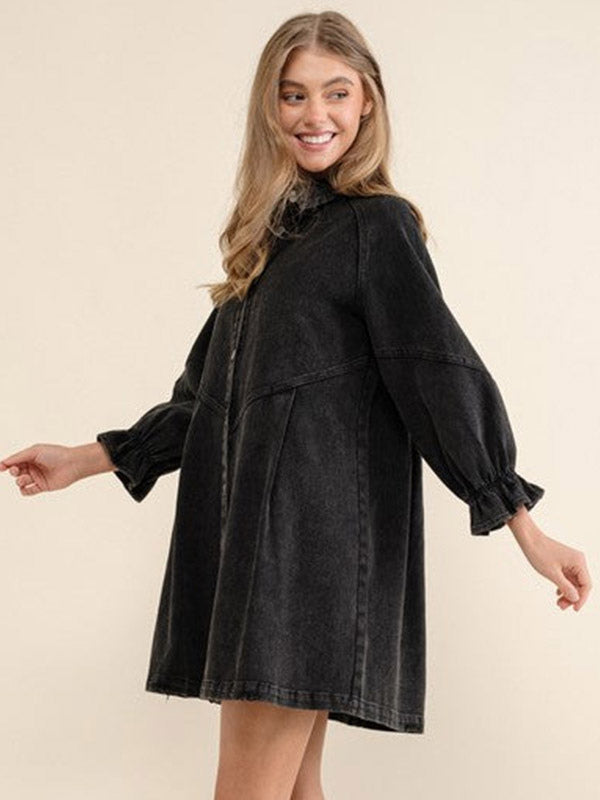 Gathered Sleeves Dresses Front Buttons Solid Color Mini Dress