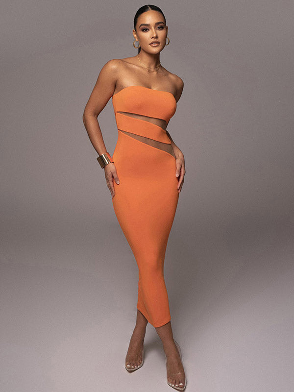 Bodycon Dresses Sleeveless Cut Out Strapless Sheer Sexy Midi Dress