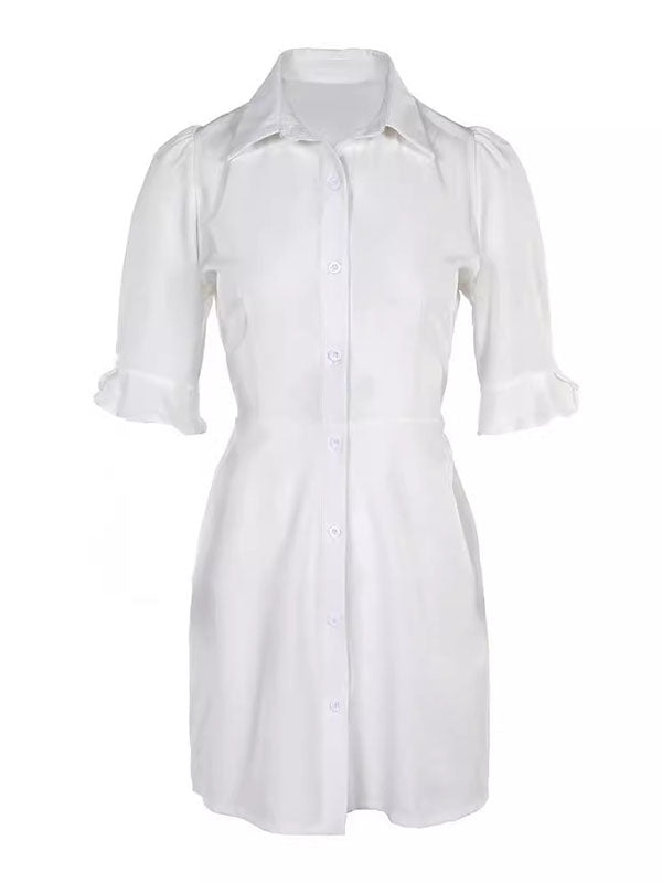 A-Line Flared Sleeves Buttoned Pleated Pockets Solid Color Split-Joint Lapel Mini Dresses Shirt Dress