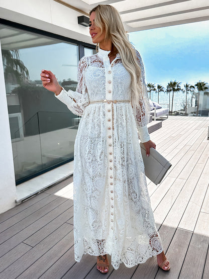 Shirt Dresses Buttons Belted Lantern Sleeves Lace Elgant Maxi Dress