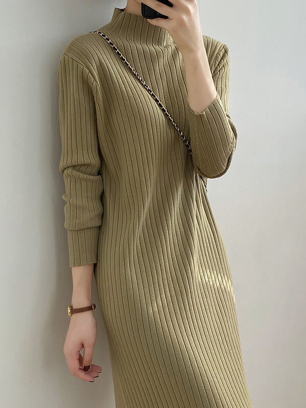 Long Sleeves Loose Fringed Solid Color Mock Neck Midi Dresses Sweater Dresses