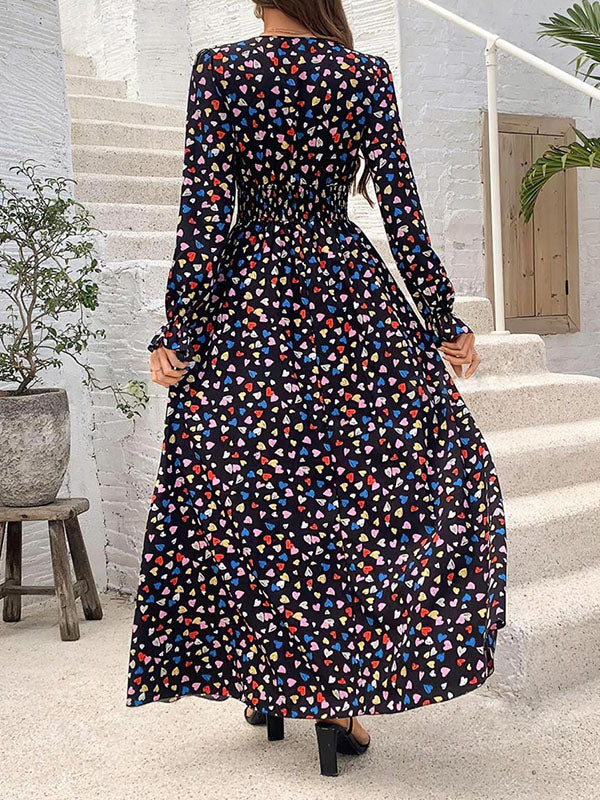 Loose Puff Sleeves Elasticity Floral Printed Split-Joint V-Neck Maxi Dresses