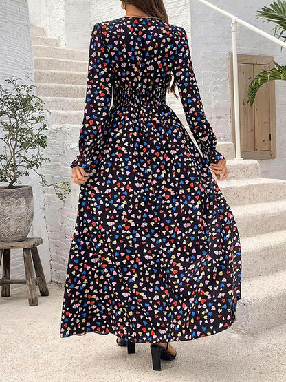 Loose Puff Sleeves Elasticity Floral Printed Split-Joint V-Neck Maxi Dresses