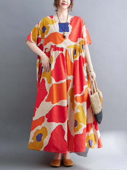 Artistic Retro Short Sleeves Loose Contrast Color Printed Round-Neck Midi Dresses