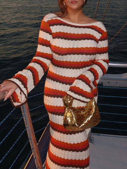 Long Sleeves Loose Backless Split-Joint Striped Round-Neck Maxi Dresses Sweater Dresses