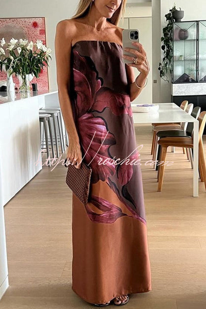 Floral Print Sexy Elastic Bandeau Slit Midi Dress
