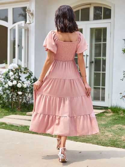 Summer Midi Dress Pink Bateau Neck Pleated Beach Dress