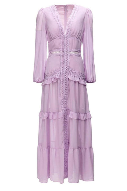 Solid Lace V-Neck Frill Midi Dress