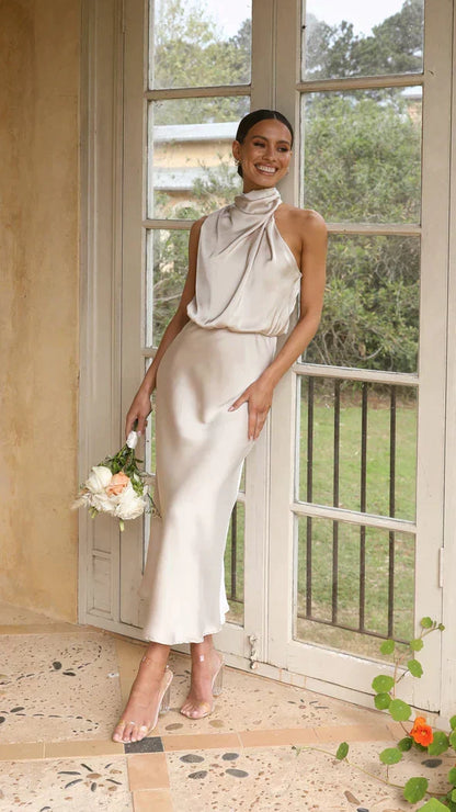 Cowl Neck Draped Satin Bias Cut Midi Dress