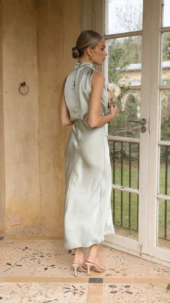Cowl Neck Draped Satin Bias Cut Midi Dress