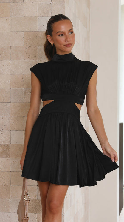 Mock Neck Sleeveless Side Cut Out Pleated Fit and Flare Mini Dress
