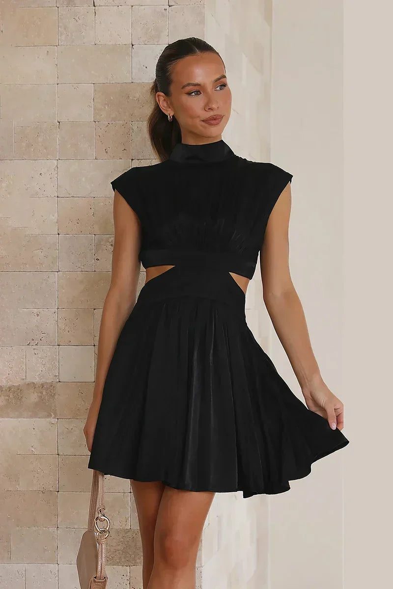 Satin Mock Neck Cap Sleeve Side Cut Out Flared Pleated Mini Dress