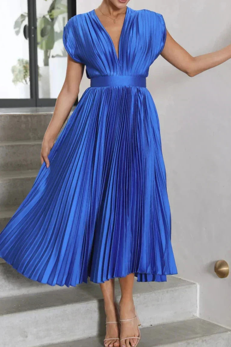 Satin Accordion Pleat Cap Sleeve Deep V-Back Tie Neck Midi Dress
