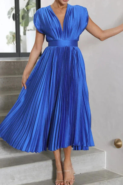 Satin Accordion Pleat Cap Sleeve Deep V-Back Tie Neck Midi Dress