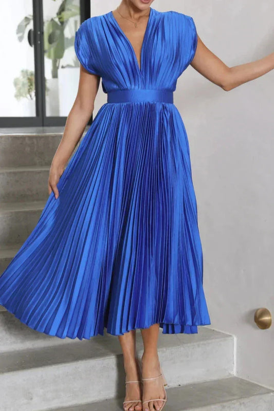 Satin Accordion Pleat Cap Sleeve Deep V-Back Tie Neck Midi Dress