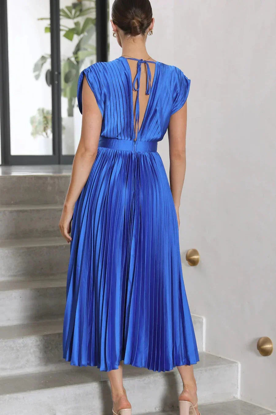Satin Accordion Pleat Cap Sleeve Deep V-Back Tie Neck Midi Dress