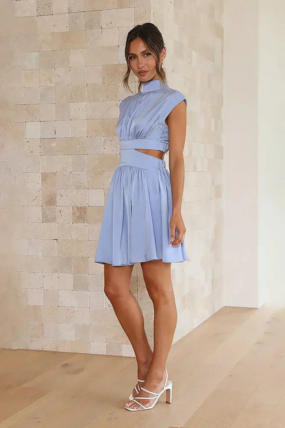 Mock Neck Side Cut Out Pleated Fit and Flare Mini Dress