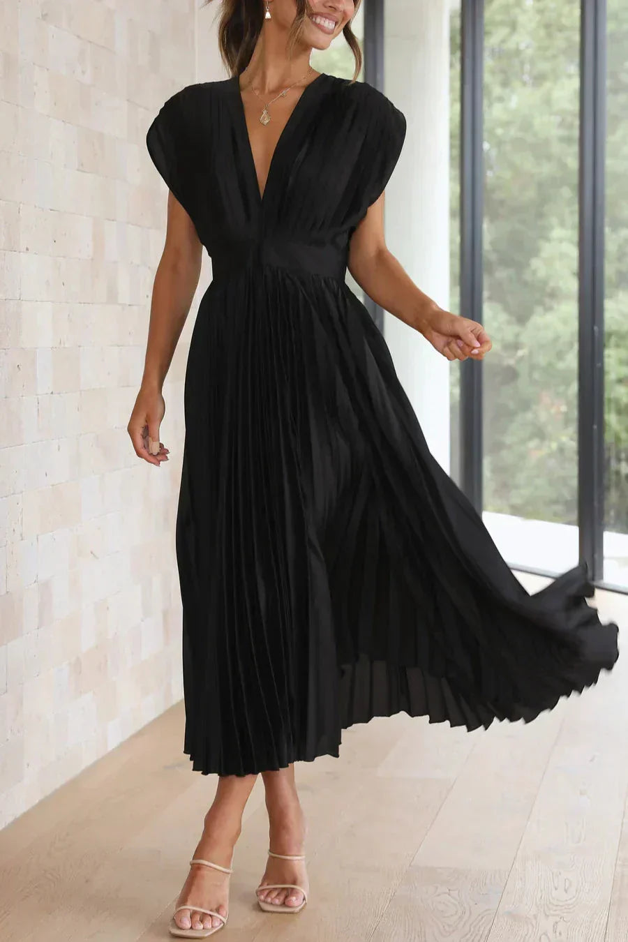 Satin Accordion Pleat Cap Sleeve Deep V-Back Tie Neck Midi Dress