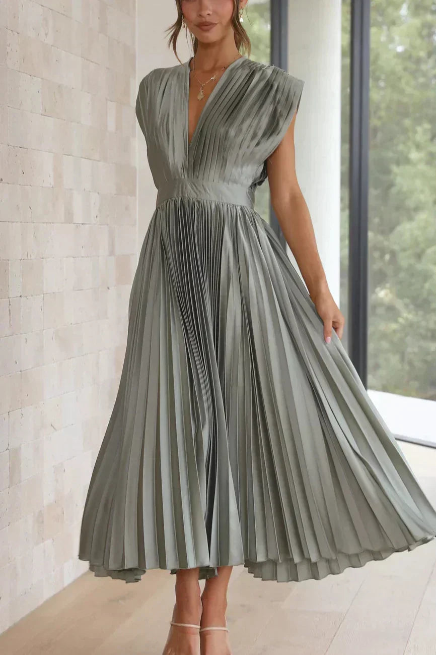 Satin Accordion Pleat Cap Sleeve Deep V-Back Tie Neck Midi Dress