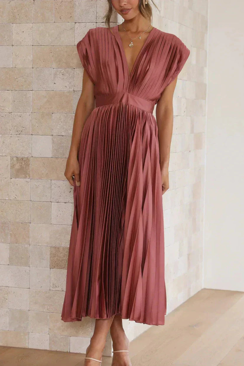 Satin Accordion Pleat Cap Sleeve Deep V-Back Tie Neck Midi Dress