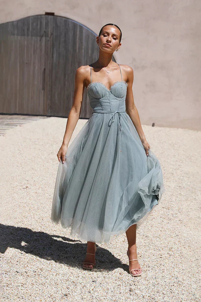 Sweetheart Neck Spaghetti Strap Ruched Bustier Self Tie Tulle Skirt Midi Dress
