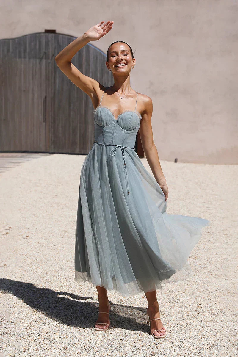 Sweetheart Neck Spaghetti Strap Ruched Bustier Self Tie Tulle Skirt Midi Dress