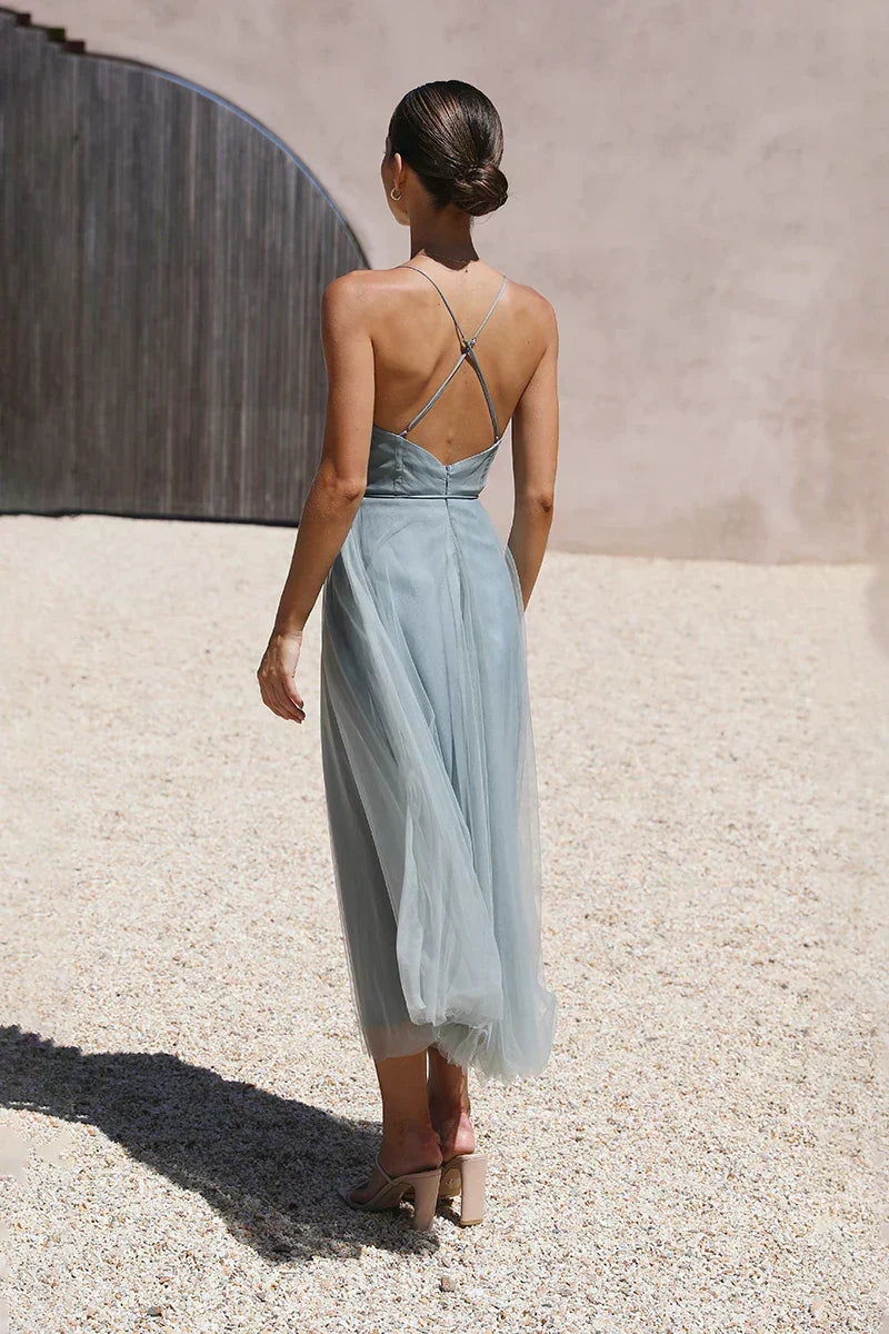 Sweetheart Neck Spaghetti Strap Ruched Bustier Self Tie Tulle Skirt Midi Dress