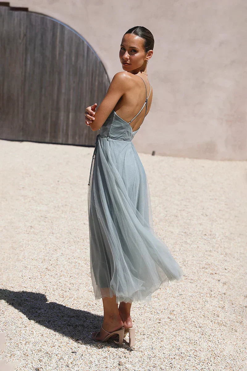 Sweetheart Neck Spaghetti Strap Ruched Bustier Self Tie Tulle Skirt Midi Dress