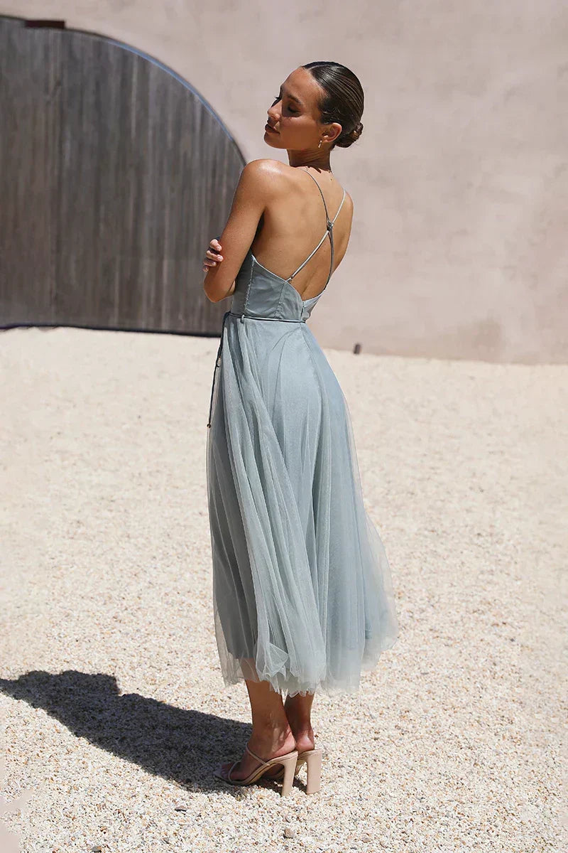 Sweetheart Neck Spaghetti Strap Ruched Bustier Self Tie Tulle Skirt Midi Dress