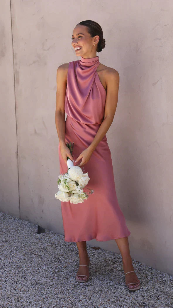 Cowl Neck Draped Satin Bias Cut Midi Dress