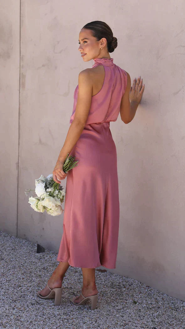 Cowl Neck Draped Satin Bias Cut Midi Dress