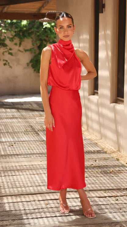 Cowl Neck Draped Satin Bias Cut Midi Dress